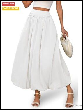 Women's Bubble Maxi Skirt, Elastic Waist A-Line, Polyester Blend, Y2K Puffy Hem